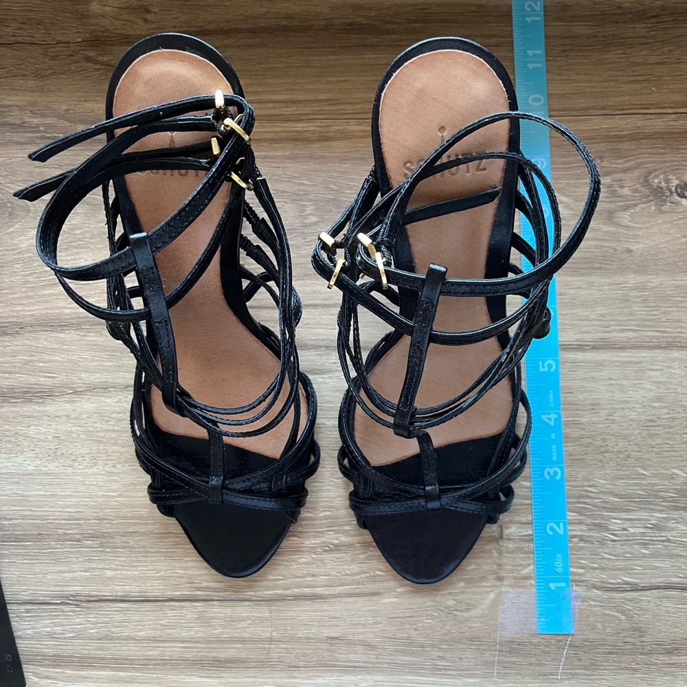 Schutz Heels - Elegant Black Strap Heels with Decorative Geometric Designs